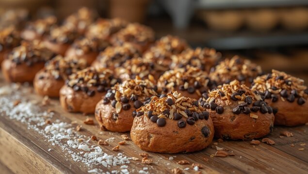 Display of sweet Mexican Chinos bread featuring chocolate chips, nuts, and coconut flakes, captured with depth of field