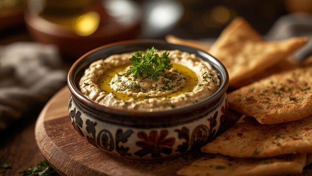 Baba ganoush is a smoky Middle Eastern spread made from roasted eggplant, tahini, lemon juice, garlic, and olive oil, typically topped with parsley and served with pita