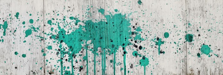 Abstract White Wood Panel with Splattered Turquoise Paint and Drips Texture Background for Artistic Design Mockups and Visual Effects