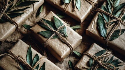 Arrangement of Wrapped Presents with Twine and Green Leaves On Rustic Brown Paper In Warm Ambient Light