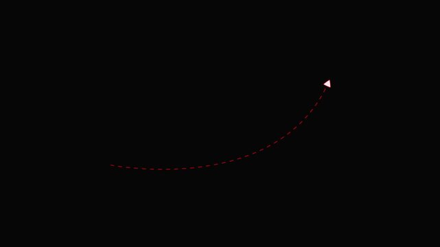 Red dotted line with arrowhead moving upward in a curved trajectory on black background motion animation.