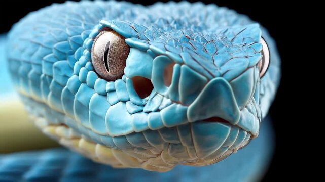 Azure Serpent's Gaze: A mesmerizing close-up of a vibrant blue snake, its eyes hold a depth of mystery and allure against a stark backdrop.