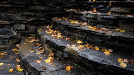 Autumn Leaves Scattered on Dark Stone Steps After Rain in Forest with Reflections creating Glittering Effect