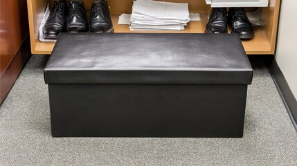 Black Rectangular Box with Shimmering Texture Placed on Speckled Carpet under Wooden Shelf Holding Formal Shoes and Paper Stacks