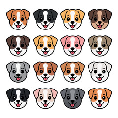 A collection of cute cartoon dog faces in various colors and patterns on a white background