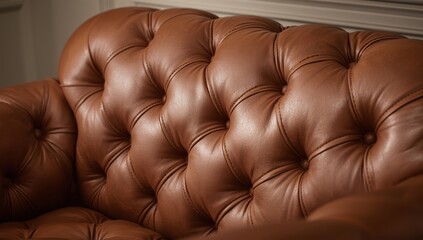 Fototapeta premium Close-up of upscale brown leather sofa upholstery featuring buttons. Furniture style. Natural leather with diamond stitching. Elegant classic interior texture and vintage material