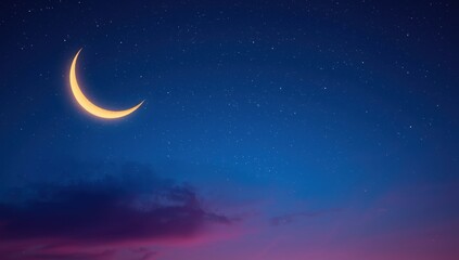 Fototapeta premium Ramadan backdrop featuring a crescent moon and star against a blue-purple twilight, ideal for Islamic New Year celebrations