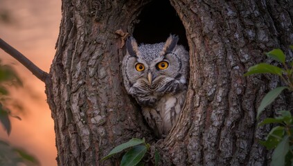 Obraz premium At dawn, a hidden Eurasian scops owl emerges from a tree cavity, revealing its large yellow eyes. Nature scene