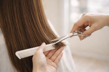 毛先を整えるヘアカットのクローズアップ　美容室