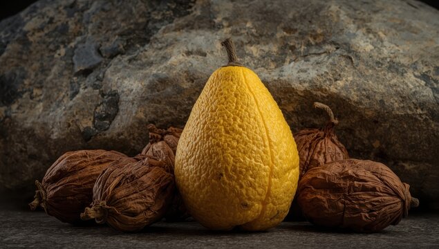 A still life featuring a ripe yellow etrog with texture next to dried brown etrog fruits, placed on a large rock