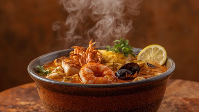 A zesty Peruvian seafood soup, Parihuela Especial, includes crab, mussels, shrimp, and fish, served hot in a deep bowl