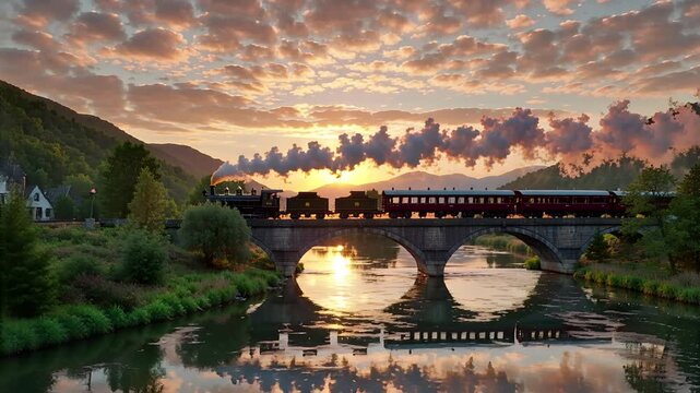 vintage steam train crossing stone bridge at sunset river landscape | travel, nostalgia, scenery, heritage, peaceful theme