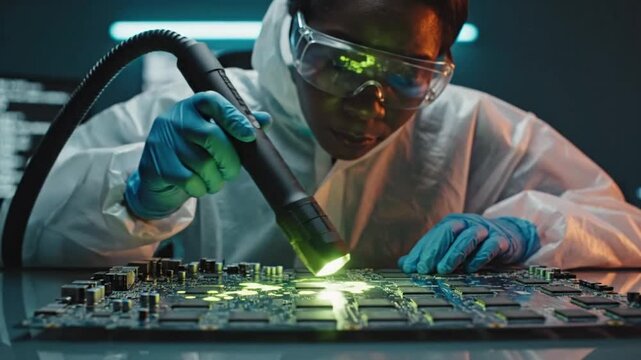 Scientist Soldering Circuit Board Under Laser Light.