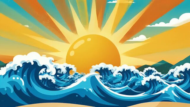 Vibrant sun rising over ocean waves in cartoon style