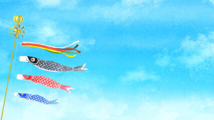 空を泳ぐ鯉のぼりの水彩イラスト