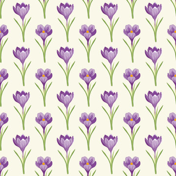 Repeating floral pattern featuring vibrant purple crocus blossoms and green stems on a cream background