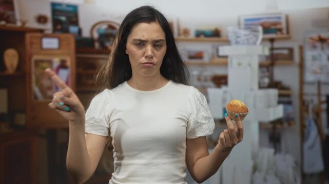 Woman holding muffin in one hand and pointing finger at pastry while displaying furrowed brow in building; disapproval.