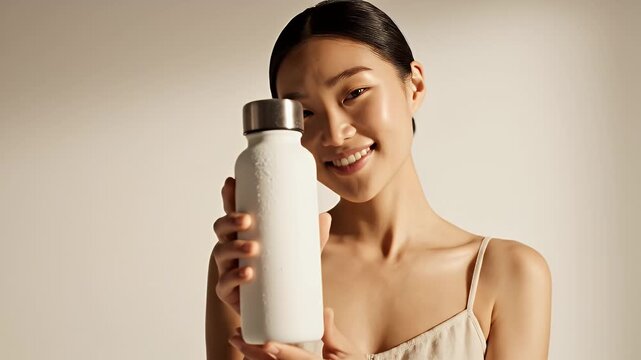 Woman Holding White Water Bottle, Neutral Tones, Product Display, Wellbeing Concept, Healthy Lifestyle, Sunlight