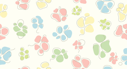 Fototapeta premium Seamless pattern featuring stylized pastel colored animal paw prints on a light background, perfect for baby or pet-themed designs.