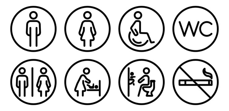 Toilet line icon set with symbols for man, woman, mother with baby and disabled person in wheelchair. Outline vector illustration for restroom signs, WC labels, public facilities design.