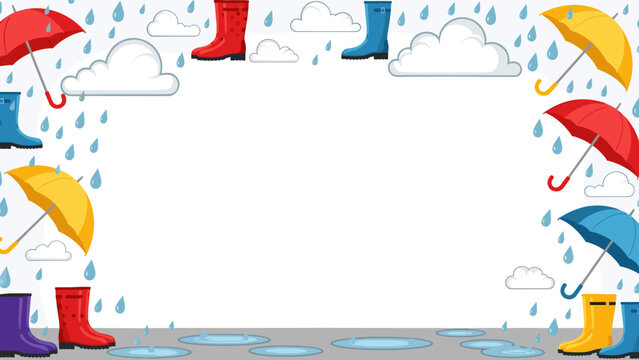 Colorful rain scene border with umbrellas and boots on a rainy day background