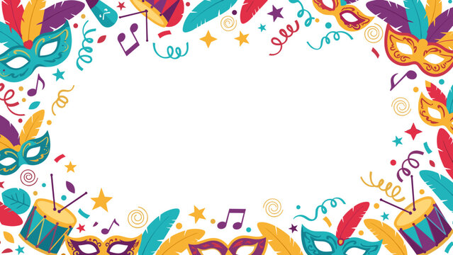 Colorful mardi gras carnival party border frame with festive masks and confetti for celebration decoration