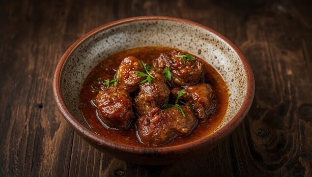 Close-up of braised chicken in adobo sauce on a plate, viewed from above
