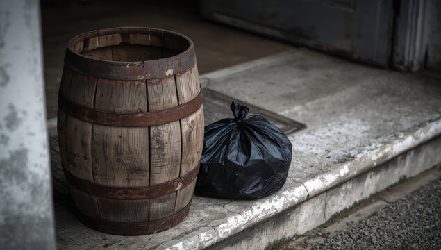 A discarded barrel and trash bag on a porch