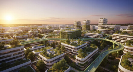 Fototapeta premium Minimal future city concept designed for humans, soft geometry, warm light, optimistic urban vision