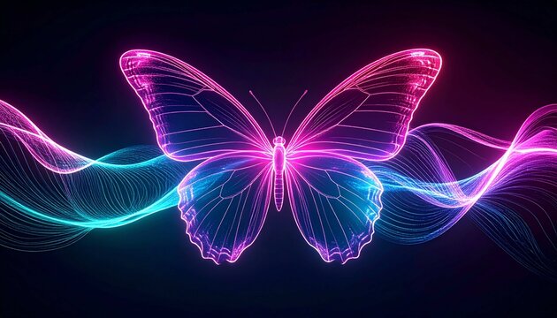 Digital illustration of a glowing neon butterfly in pink and blue on a dark background with abstract light waves.d