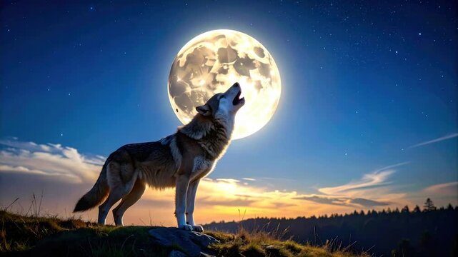 A lone wolf howls at a full moon in a starry night sky, silhouetted forest below