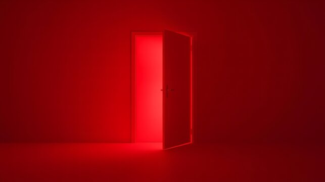 Open door glowing red light symbolizing new opportunities and beginnings in dark space