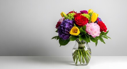 Fototapeta premium Colorful spring flower bouquet in a glass vase on a white table against a grey background.