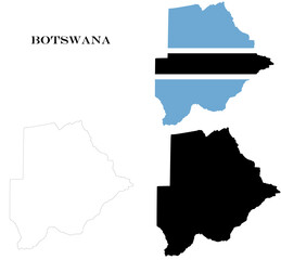 Fototapeta premium Botswana Country Maps Bundle with National Flag, Black Silhouette and Detailed Outline Contours