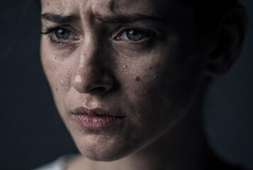 Obraz premium Close up portrait of woman with tears and intense emotional expression, sadness, grief and emotional struggle concept on dark background with copy space 