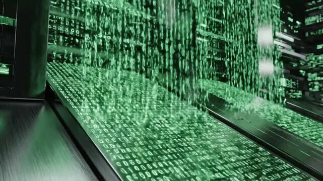 A futuristic corridor with cascading green digital data streams and sleek metallic surfaces, viewed from a low angle, showcasing advanced technology