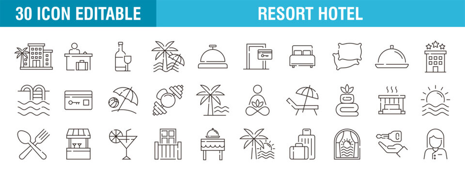 Collection of resort hotel icons. Recreation, vacation, wellness, tourism. Icon template editable resizable EPS 10