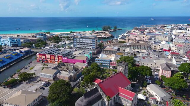 Bridgetown aerial view including Careenage (Constitution River), Parliament building and St. Michael's Cathedral in downtown Bridgetown, Barbados. Historic Bridgetown and its Garrison is a UNESCO Worl