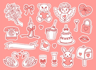 Fototapeta premium Valentines day doodle stickers set. Romantic love elements collection.