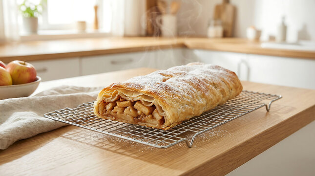 Flaky golden apple strudel dusted with powdered sugar cooling on a rack in a kitchen