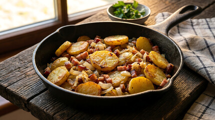Hearty Panfried Bratkartoffeln with Bacon and Onions Served in a Cast Iron Skillet