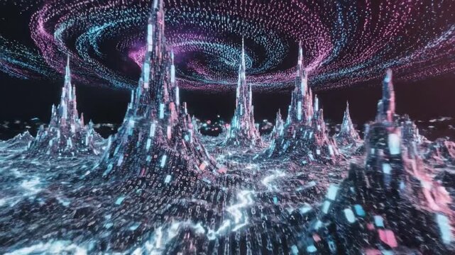 Futuristic digital landscape with neon-lit structures and swirling vortex of data points in a dark, abstract environment