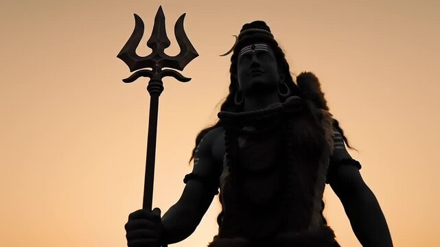 Silhouette Shiva statue with trident, and sunset.