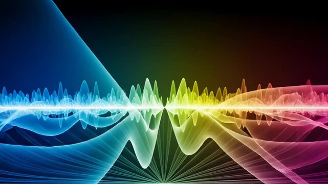 Vibrant Sound Waveform Visualization with Rainbow Spectrum and Dark Background.