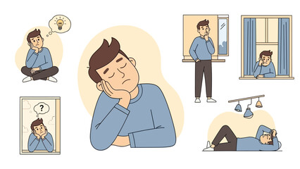 Man experiencing various states of contemplation and boredom.