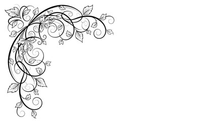 Dynamic Black and White Corner Design Composed of Swirling Vines and Elegant Leaves on an Isolated White Background