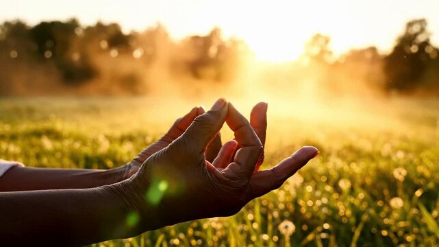 Hand in meditation mudra at sunrise over green meadow, warm backlit bokeh and morning mist, calm wellness and yoga mindset, mindful self care for World Meditation Day