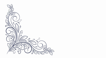Fototapeta premium Elegant Curved Line Art Floral Corner Ornament with Blue Swirls and Leaves on Isolated White Background