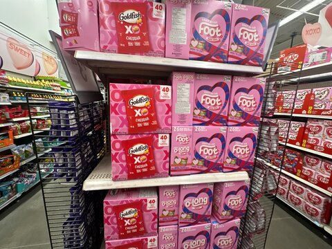Valentine&rsquo;s Day Fruit by the Foot and Goldfish Cracker Snacks Retail Display at Walmart. February 4, 2026. Strathmore, Alberta, Canada. For Editorial Use Only.