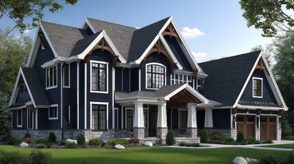 Dark Blue Two Story House with Stone Accent on Green Lawn Under Gray Sky